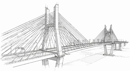 Fototapeta premium Detailed architectural sketch of a modern cable-stayed bridge with multiple support cables and towers.