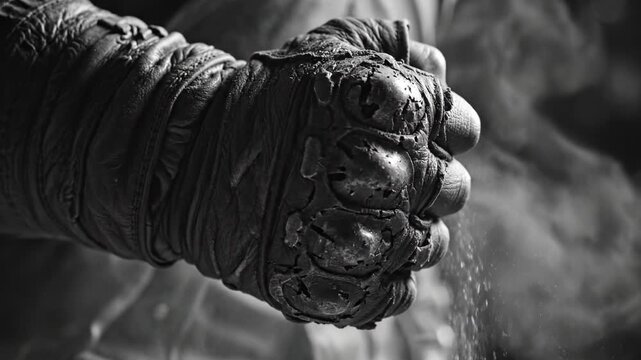 A clenched hand wearing a worn leather combat glove with dust falling. Gritty cinematic black and white atmosphere. Perfect for action movie posters or dramatic sports visuals.