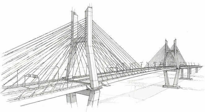 Detailed architectural sketch of a modern cable-stayed bridge with multiple support cables and towers.
