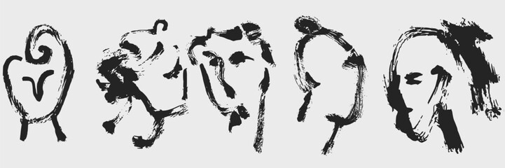 Abstract female portrait silhouettes and organic face shapes in doodle sketch charcoal style. Minimalist line art for beauty branding and aesthetic gallery wall prints. © Anada77
