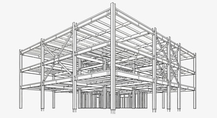 Obraz premium Detailed wireframe rendering of a multi-story steel building structure, showcasing its beams, columns, and floor framing.