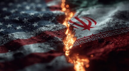 Flags of USA and Iran painted on background. United States of America versus Iran trade war disputes concept