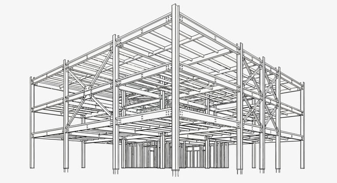 Detailed wireframe rendering of a multi-story steel building structure, showcasing its beams, columns, and floor framing.
