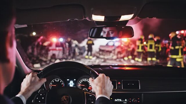 A driver in a car watches emergency services at a crash site at night. The mood is tense with flashing lights and smoke. Ideal for news reports or road safety awareness campaigns.
