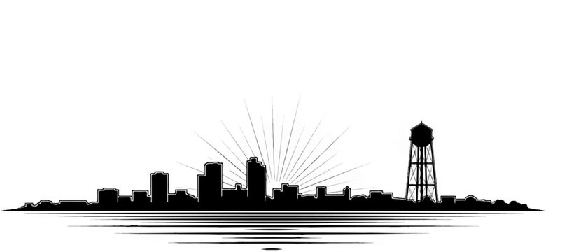 Black silhouette of a city skyline with a water tower and sunburst