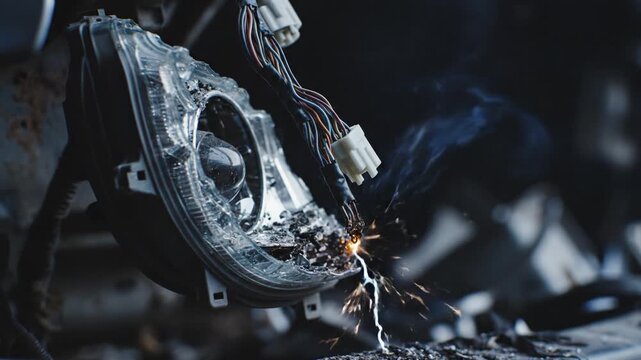 Close up of a short circuit in a broken car headlight with bright sparks. It shows the danger of faulty wiring and fire hazards. Suitable for automotive safety or insurance content.