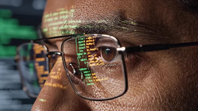 A close-up video of a man wearing glasses with code reflected in the lenses