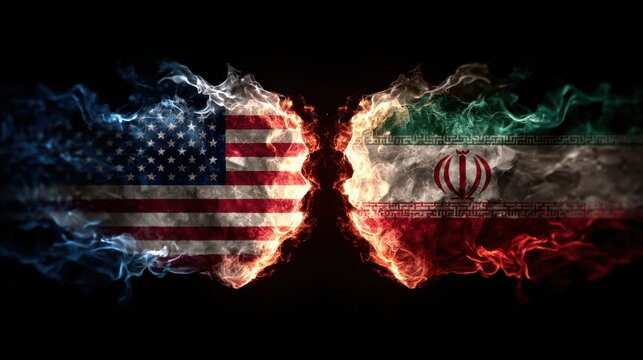 Flags of USA and Iran painted on background. United States of America versus Iran trade war disputes concept