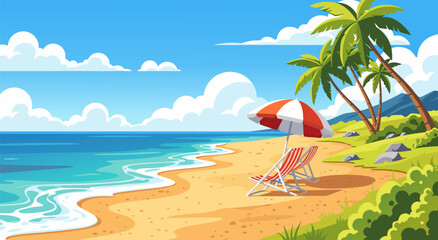Beautiful tropical beach scene vector illustration with palm trees and lounge chairs, perfect for summer vacation and travel themes © Purnomo