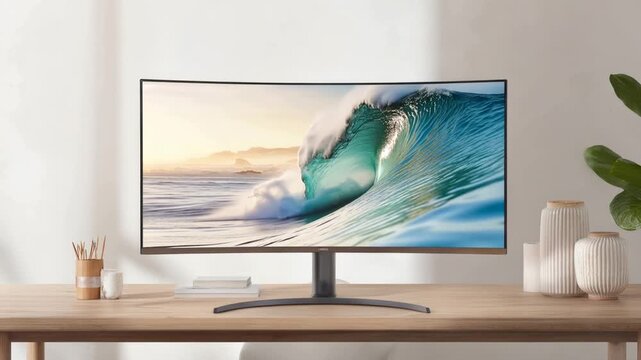 Modern curved display with ocean wave wallpaper on wooden desk