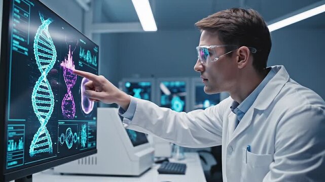 A scientist in a lab coat analyzes DNA sequences on a computer screen in a modern laboratory setting