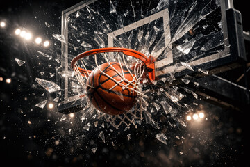 Fototapeta na wymiar March Madness college basketball backboard shattering moment with exploding glass rim smash symbolizing underdog victory bracket buster tournament upset dramatic arena lighting