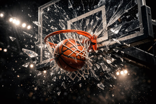 March Madness college basketball backboard shattering moment with exploding glass rim smash symbolizing underdog victory bracket buster tournament upset dramatic arena lighting
