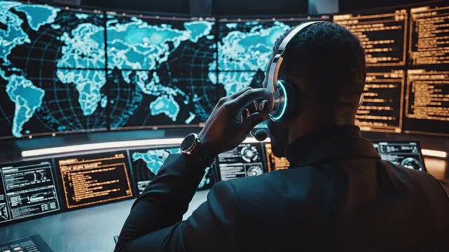A man sitting in front of a large screen displaying a world map in a high-tech control room