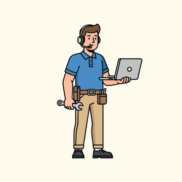 A cartoon depiction of a tech support professional, with headphones, tool belt, laptop, and a wrench. He stands ready for assistance