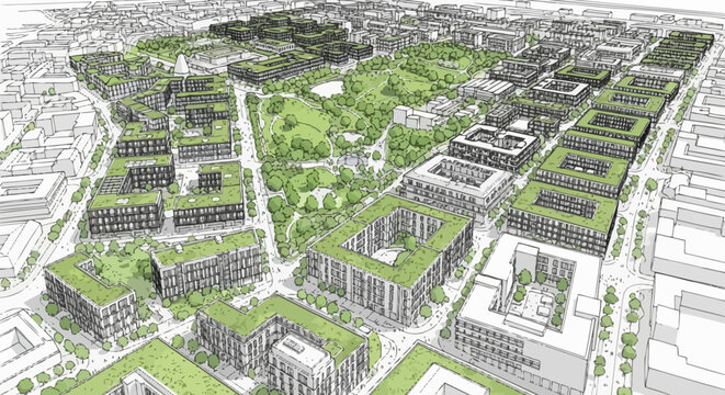 Artistic aerial rendering of a modern urban development with green roofs and extensive parkland.