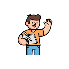 Obraz premium A cartoon graphic of a person with brown hair, orange top, blue pants, and a waving hand holding a tablet and pen, smiling