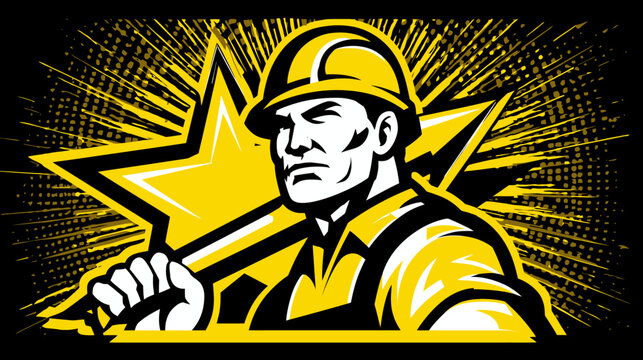 A construction worker is depicted as a strong figure against a starburst background
