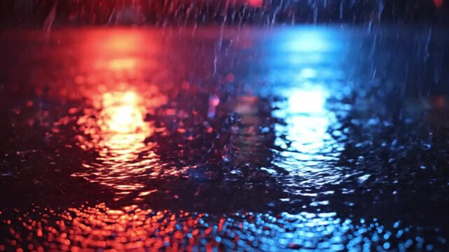 Raindrops fall on wet asphalt reflecting red and blue neon lights. Cinematic moody urban night scene with vibrant color contrast. Perfect for music backgrounds or tech presentations.
