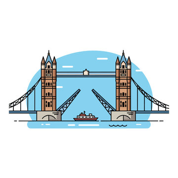 A cartoon depiction of a famous bridge with open bascules to allow boat passage. A small boat sails on the river. The artwork features simple shapes and bold lines
