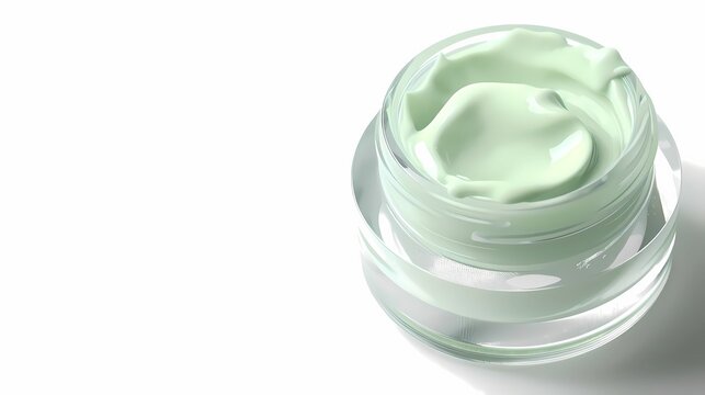 Side view open transparent cosmetic jar containing pastel green moisturizing cream on bright white studio background with left copyspace ideal for skincare advertising beauty product branding cosmetic