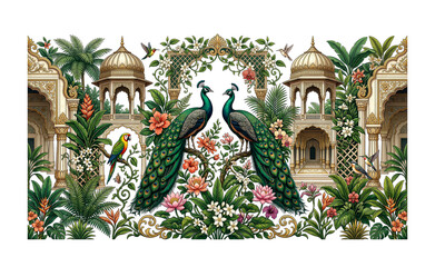 A vibrant detailed illustration depicting two peacocks flanking ornate architecture amidst lush tropical foliage on transparent background