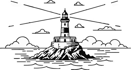 Fototapeta premium A stylized illustration of a lighthouse on a rocky island, casting beams of light across the sea under cloudy skies
