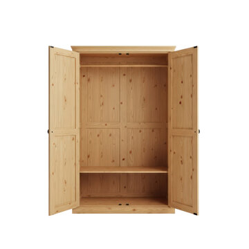 Open wooden wardrobe isolated on white background