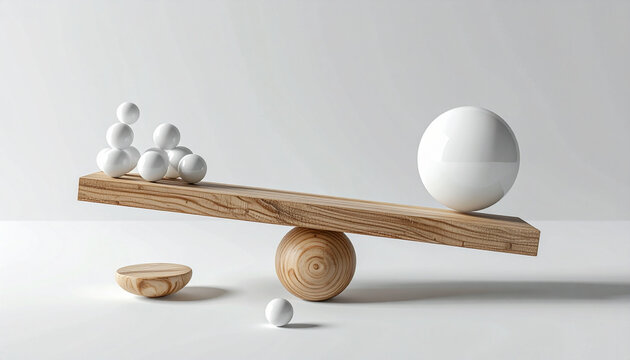 A wooden seesaw tilts under weight, with one large white sphere outweighing a cluster of smaller spheres, symbolizing balance, leverage, and force in motion.