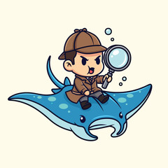 A cartoon detective with an intense expression rides a blue manta ray. He is holding a magnifying glass. There are bubbles around them