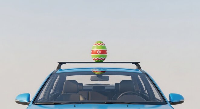 Easter sunday car decoration with colorful easter egg on roof rack