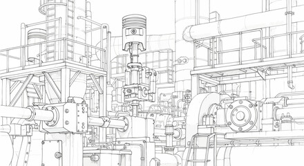 Fototapeta premium Detailed line drawing of complex industrial machinery with pipes, valves, and a large engine piston in a factory setting.