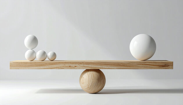 A wooden seesaw tilts under weight, with one large white sphere outweighing a cluster of smaller spheres, symbolizing balance, leverage, and force in motion.