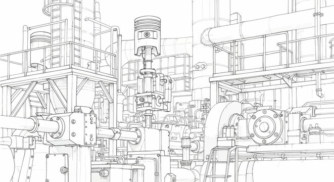 Detailed line drawing of complex industrial machinery with pipes, valves, and a large engine piston in a factory setting.