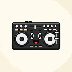 A cartoon DJ mixer, with a smiling face, knobs, and sliders. Two circular parts, and a background with a watercolor look