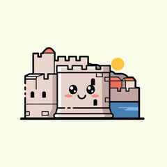 A cartoon depiction of a fortress with a smiling face. The image includes a sun, water and buildings. Overall a cute, clean design © lady