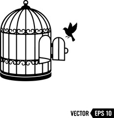 Obraz premium Open Birdcage with a small bird flying out vector illustration