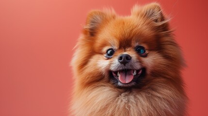 Obraz premium Fluffy Pomeranian dog smiles with bright blue eyes
