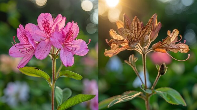 Two azalea plants stand side by side. Left: pink blooms with water droplets. Right: brown leaves show fading color. Sunlight glows softly behind them. Blurred green background adds depth