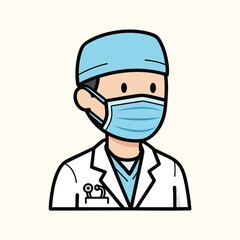 Fototapeta premium A cartoon doctor with a face mask and cap, wearing a white coat, and stethoscope. Neutral background