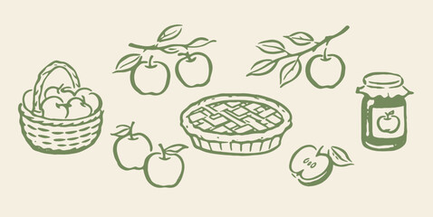 Naklejka premium Apple pie set outline sketch vector illustration
