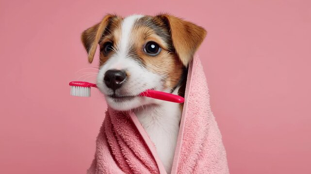 Dog with a toothbrush and towel. Smart Jack Russell holds a red toothbrush in its mouth on a pink background. Oral, dental hygiene of pets. Health care banner. Veterinary medicine. Grooming