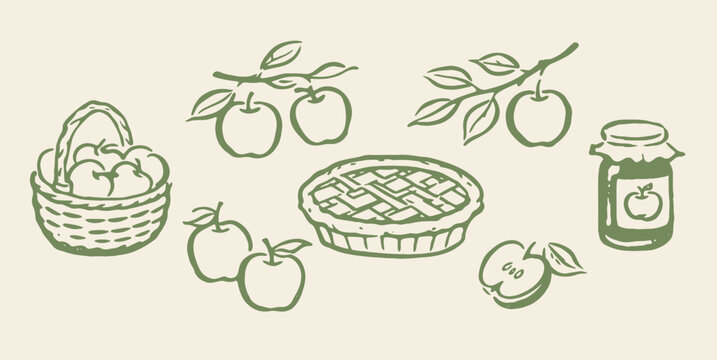 Apple pie set outline sketch vector illustration
