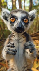 Fototapeta premium Ring-tailed lemur stands on its hind legs in a forest. Its large brown eyes stare directly at the camera. Dark fur contrasts with a white chest and face markings. Hands are raised, palms forward