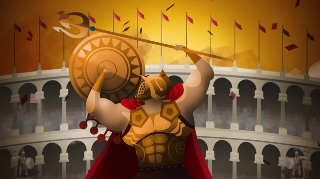 retiarius gladiator celebrating victory in the roman colosseum