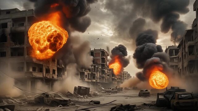 Destroyed city street with smoke and explosions after air strike for war documentary and cinematic news footage