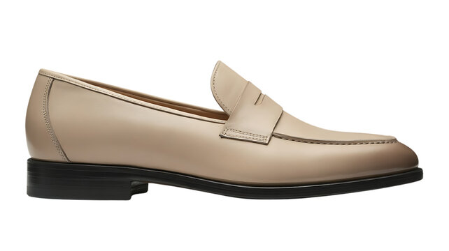 A classic beige leather penny loafer shoe featuring a low block heel and elegant stitched detailing isolated on transparent background