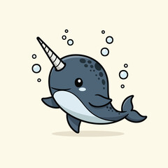 A cartoon depiction of a narwhal with a long tusk swimming with bubbles, featuring a smiling face and simple linework © rahman