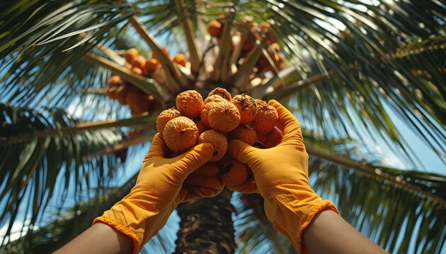 Hands Wearing Garden Gloves picking Supari (Areca Nut)