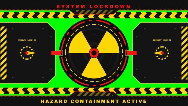 Digital warning interface indicating system lockdown, hazard containment, radiation symbols and lock status, crucial for high-alert security.
